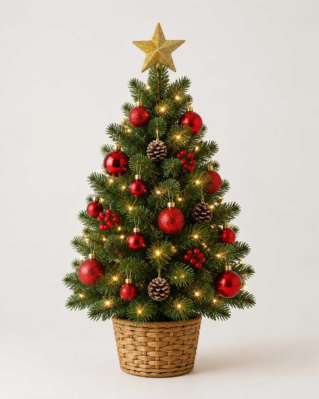 Árbol de Navidad de mesa con esferas rojas, luces cálidas, estrella y base tejida